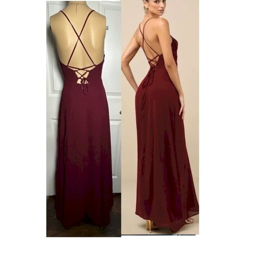 Lulus Event Ready Burgundy Backless Lace-Up Maxi Dress Size XXS New NWT